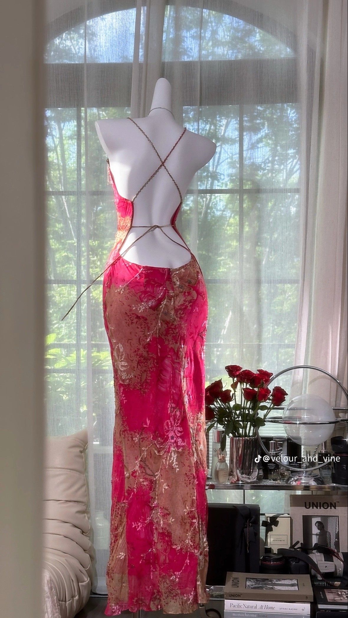 Rose red suspender waist slim backless design hip-hugging maxi dress, prom dress R5425