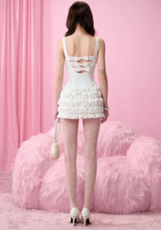 White suspenders slim waist pleated skirt short skirt homecoming dress R4433