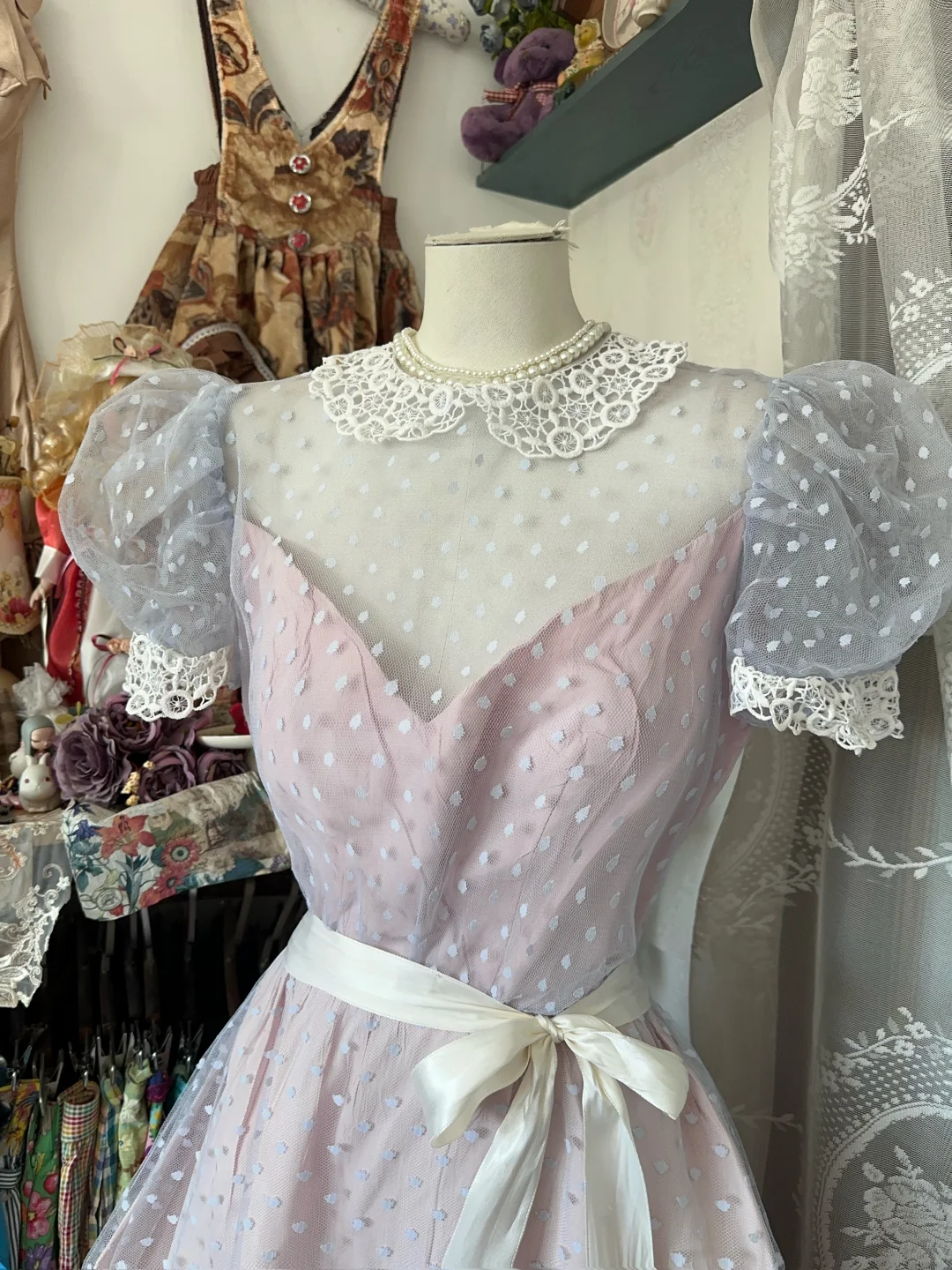 Pink puff sleeve slim waist A-line maxi ball gown R6176