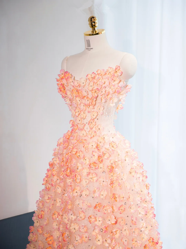 Light orange strapless, fitted waist, full skirt, long ball gown, bridal dress R9011