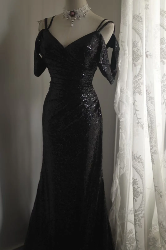 Black sequined off-the-shoulder halter-neck fitted long ball gown R6814