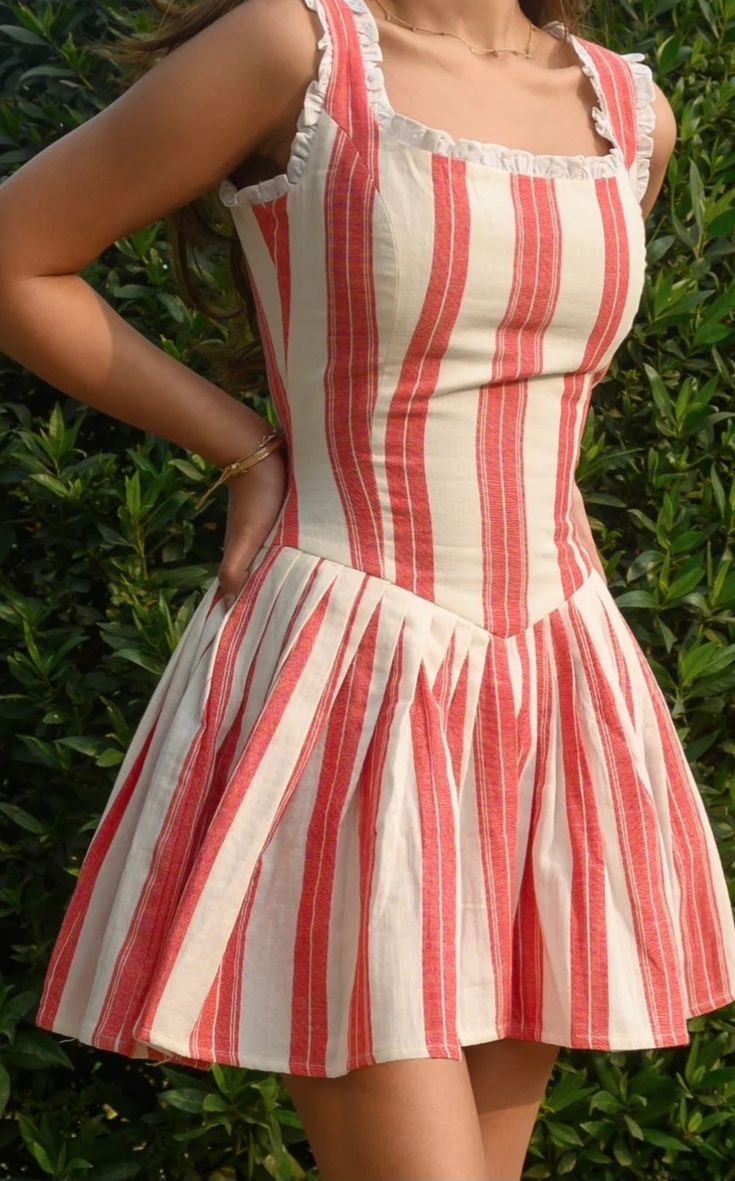 Retro Striped Women's Homecoming Dress Red Waist Fitted Short Prom Gown Birthday Dress RS3393