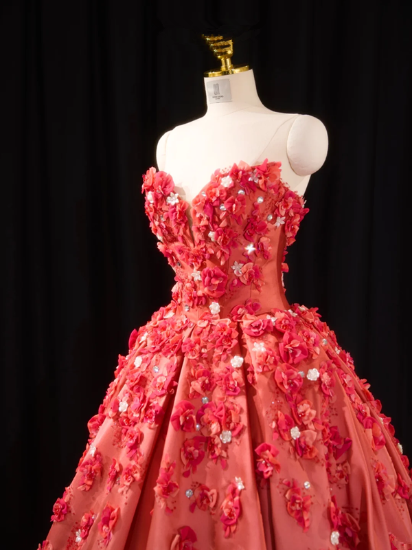 Red strapless, fitted waist, full skirt, long ball gown, bridal dress R8921