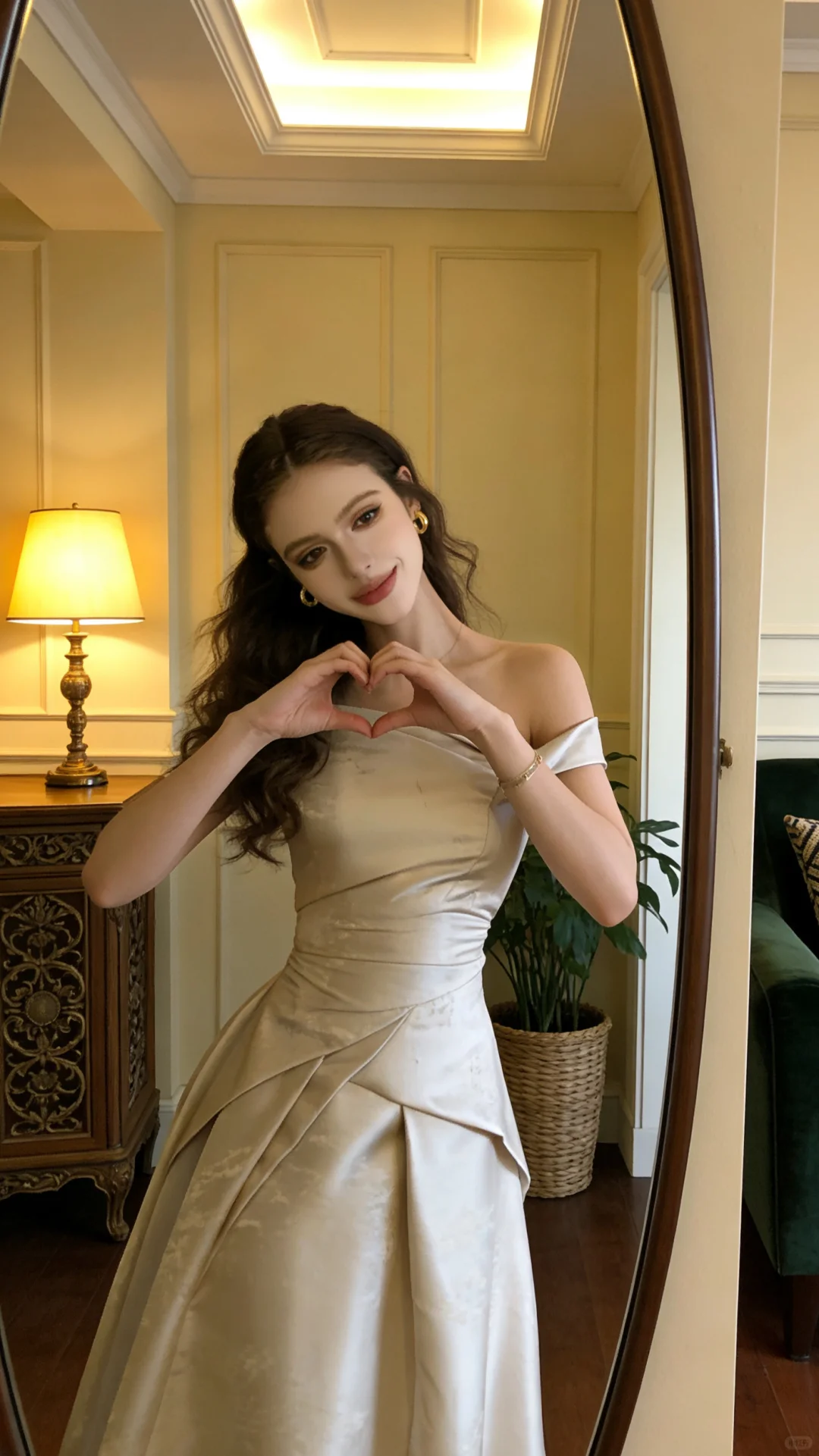 Champagne-colored off-the-shoulder fitted long ball gown/bridal dress R8831