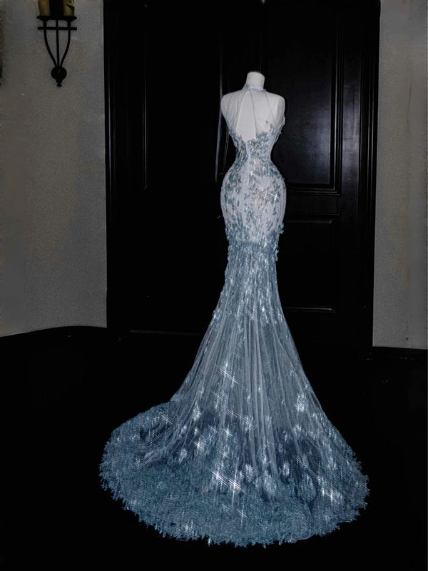 Blue sequined sleeveless slim waist hip fishtail sexy long skirt, prom dress R5660