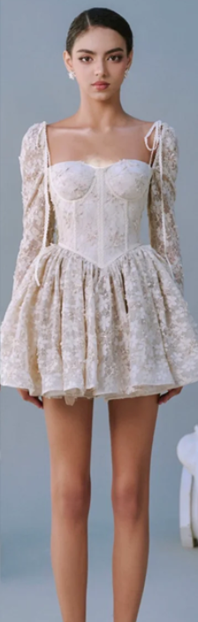White lace feminine square neck long sleeve waist slim short skirt homecoming dress R4716