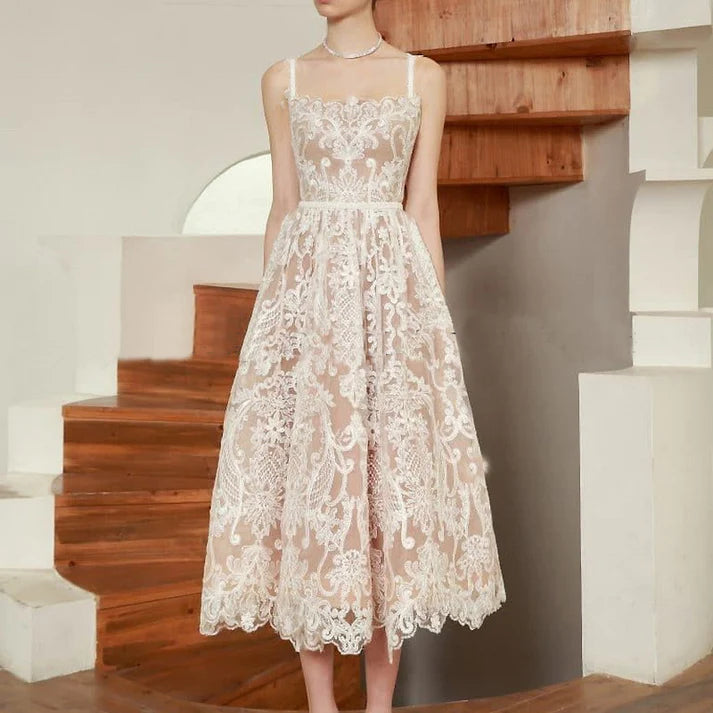 A Line French Style Homecoming Dress Mid Length Lace Prom Dress S4946