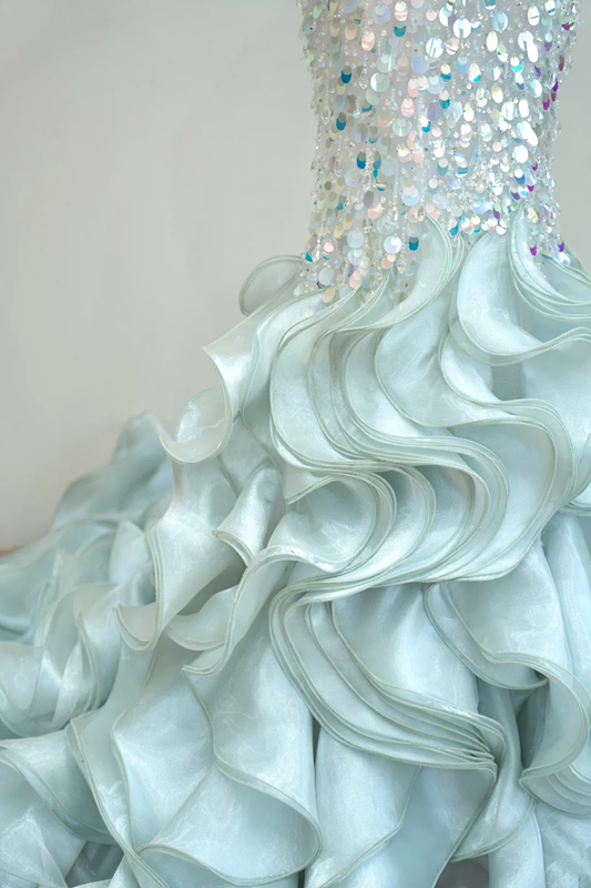 White strapless fitted bodice with light blue long skirt - ball gown R8891
