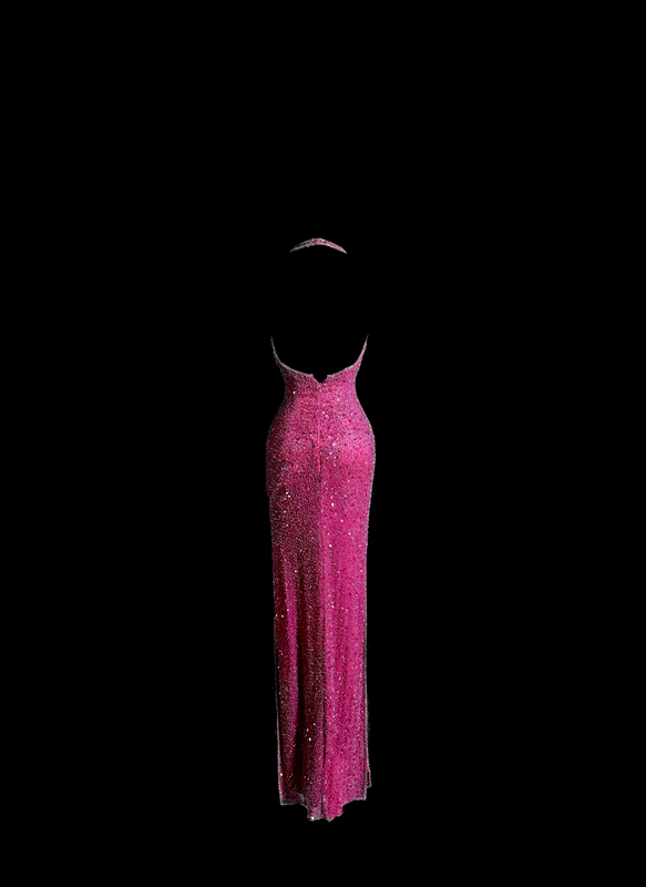 Pink halter-neck beaded fitted waist bodycon long ball gown R6615