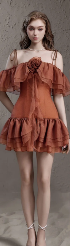 Brown halter neck chiffon ruffled one-shoulder retro slim gentle short skirt homecoming dress R4675