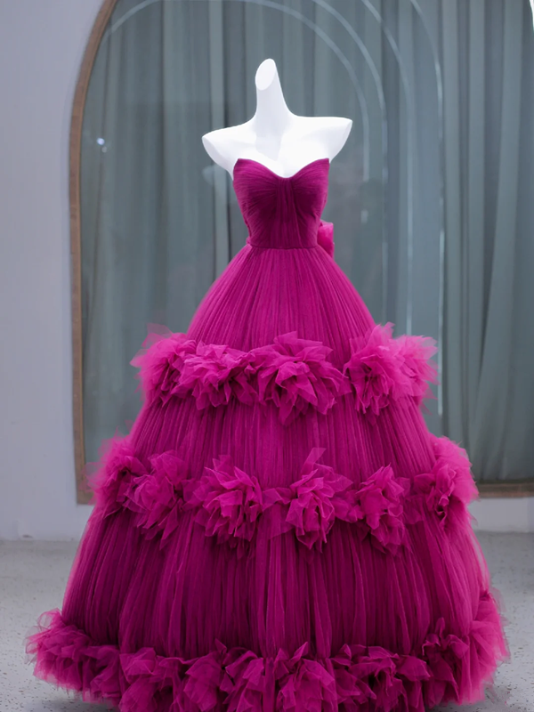 Rose red tube top waist slim fit puffy skirt long dress ball gown bridal gown R5819