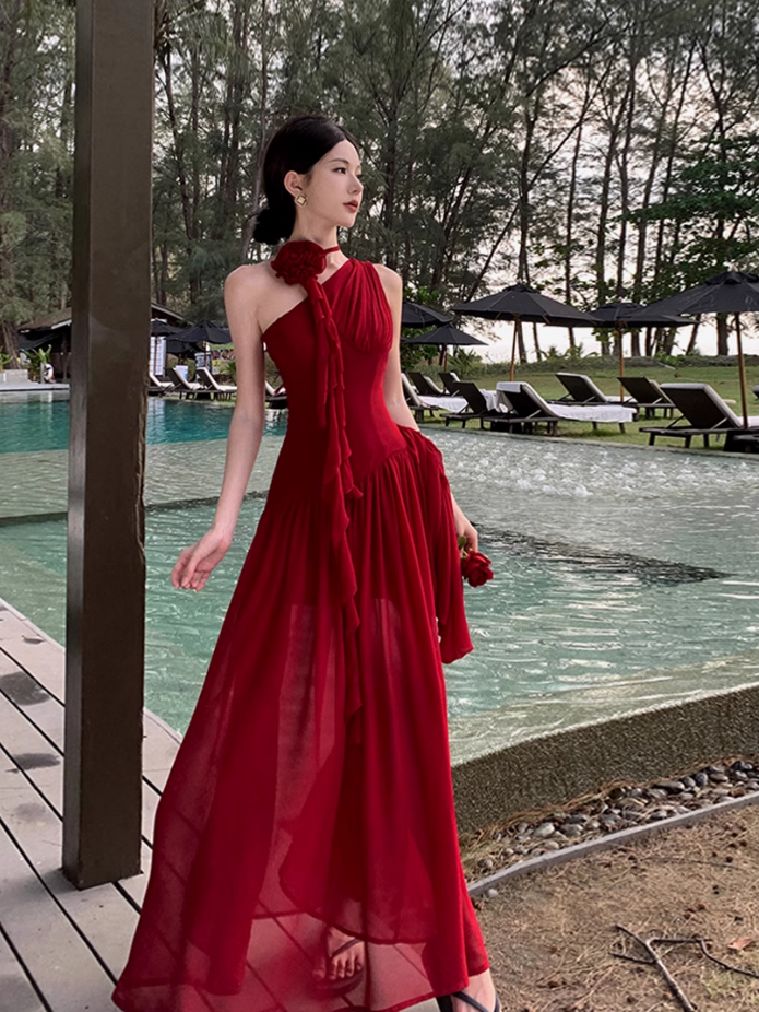 Fairy red off-shoulder dress with slim waist and long swing chiffon dress for holiday R1743