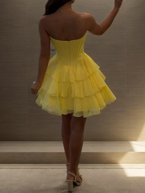 Frilled Chiffon Vibrant Women's Homecoming Dress Yellow Corset Short Prom Dress Summer Dress RS2469