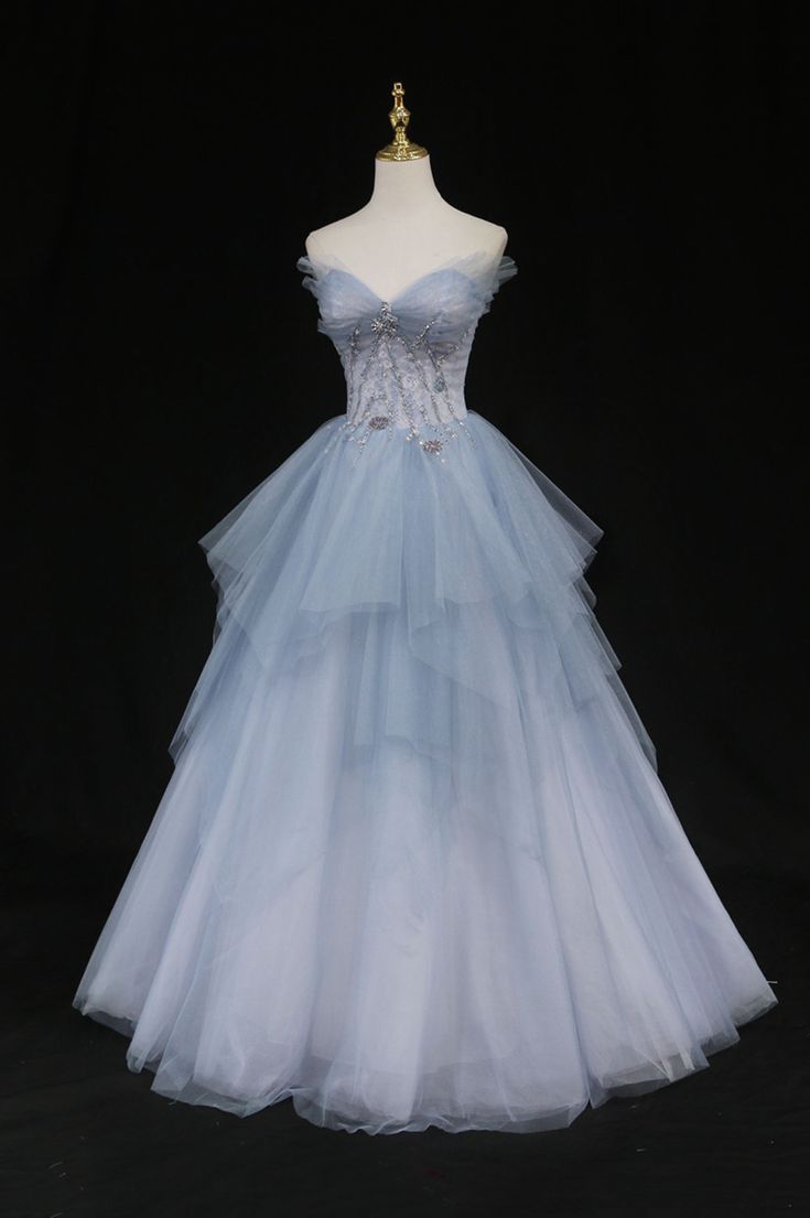 Elegant Pale Blue A-Line Strapless Long Women Dress with Beaded Birthday Dress Prom Dress RS104