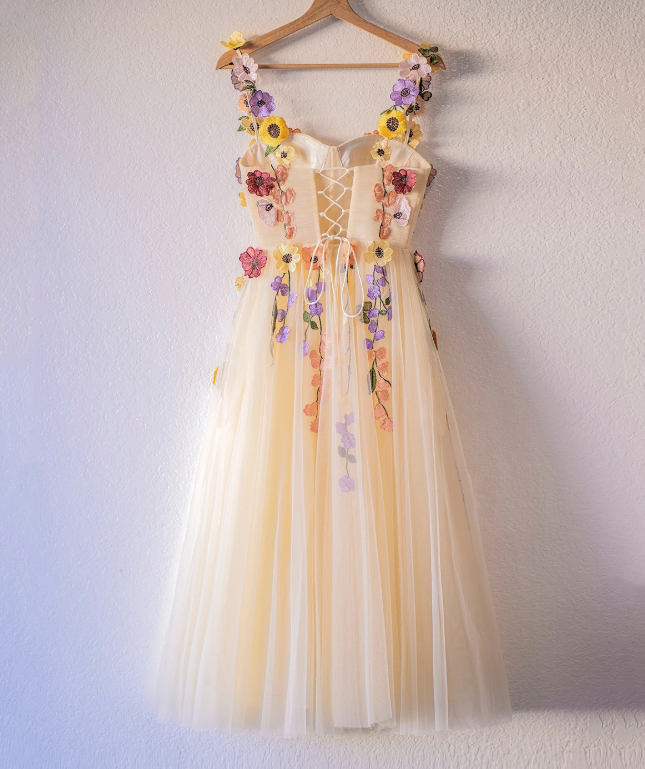 Bright Pastel Yellow Homecoming Dress ,A-Line Spaghetti Straps Applique Corset Pretty Summer Dress RS1004