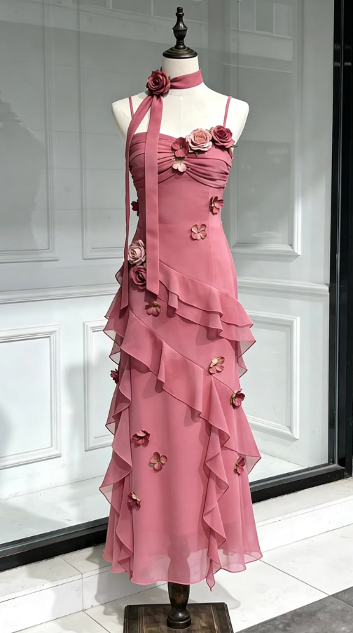 Dreamy Pink Prom Gown ,3D Floral Corset Flowy Maxi Summer Dress Cocktail Dress RS1271