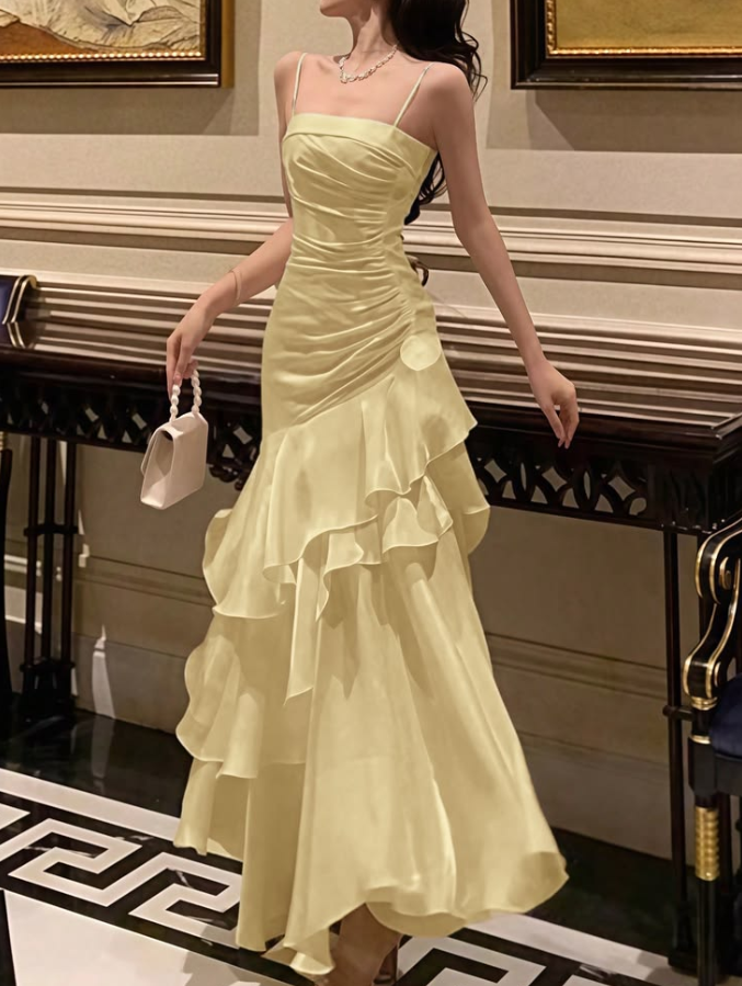 Elegant Pastel Yellow Prom Gown ,Silky Flowy Pleated Maxi Summer Dress Cami Dress RS1275