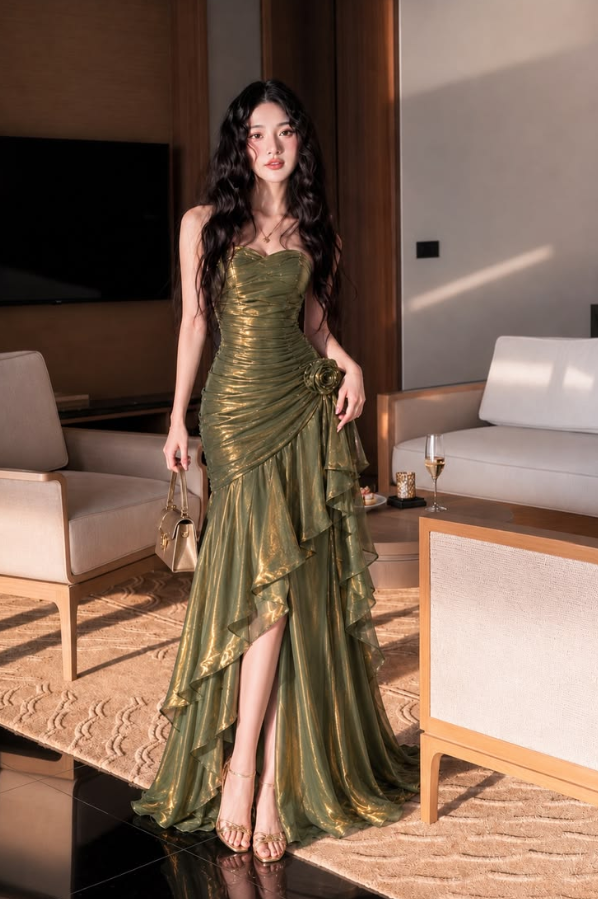 Elegant Bud Green Prom Gown ,Silky Flowy Pleated Maxi Evening Dress Cami Dress RS1276