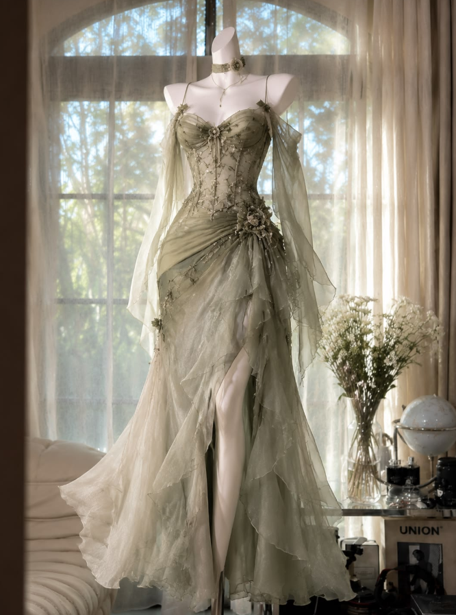 Gorgeous Bud Green Prom Gown ,Embroidery Flowy Maxi Birthday Dress Cami Dress RS1277