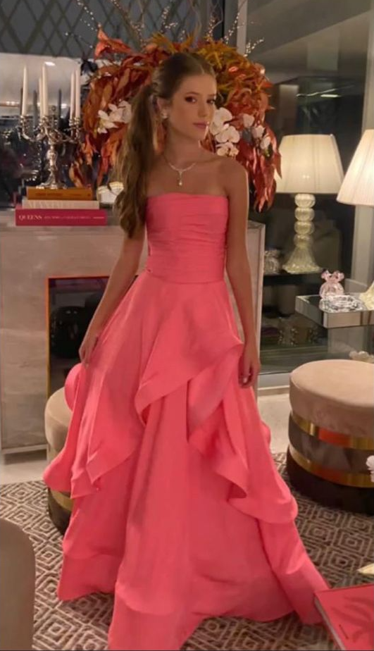 Pink Strapless A-Line Ruffles Long Prom Party Dress Formal Dress S7173