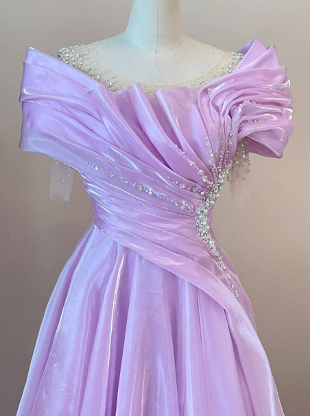 Elegant Lavender Beaded Prom Gown ,Silky Satin Maxi Evening Dress RS1294