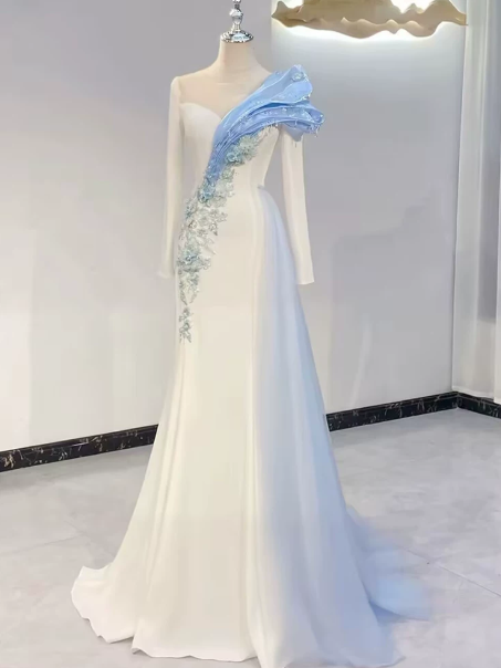 Elegant White Prom Gown ,3D Floral Satin Maxi Celebrity Dress Evening Dress RS1293