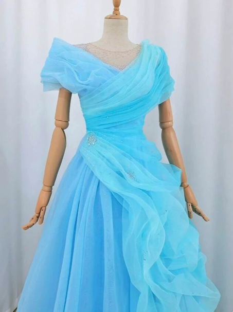 Elegant Baby Blue Prom Gown ,Flowy Tulle Maxi Evening Dress RS1299