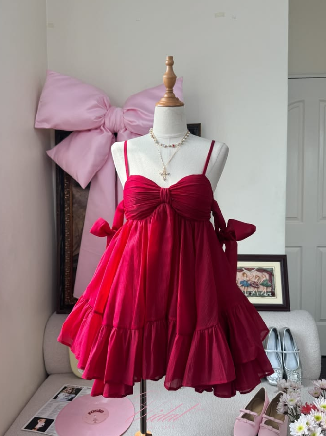 Charming Red Homecoming Dress , Chiffon Mini Summer Dress Cami Dress RS1305