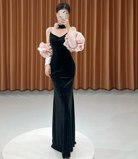 Elegant Black Prom Gown , Silky Maxi Evening Dress Cami Dress RS1320