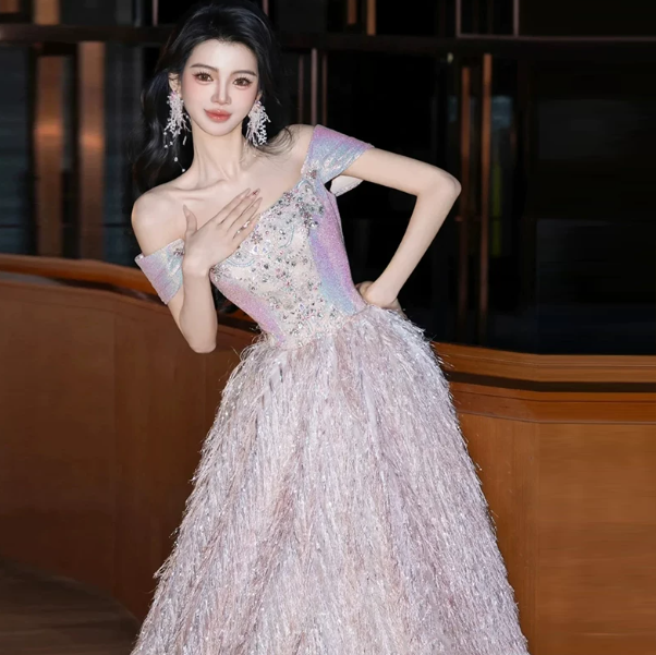 Dreamy Champagne Prom Gown , Feather Decor Elegant Beaded Maxi Evening Dress RS1322