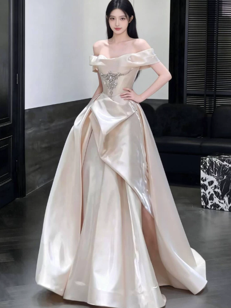 Elegant Ivory Prom Gown , Beaded Satin Silky Maxi Evening Dress Birthday Dress RS1325