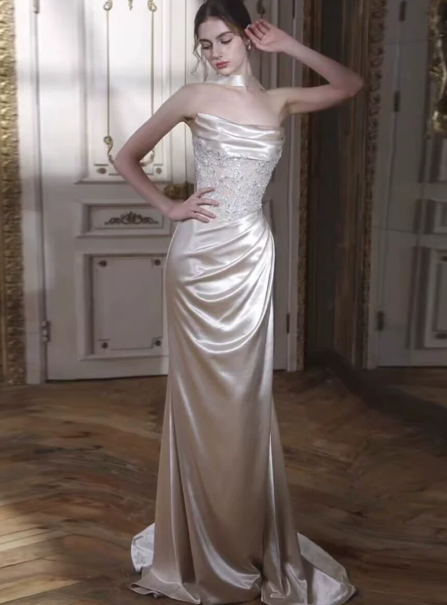 Elegant Ivory Prom Gown , Silky Satin Lace Embroidery Maxi Evening Dress RS1329