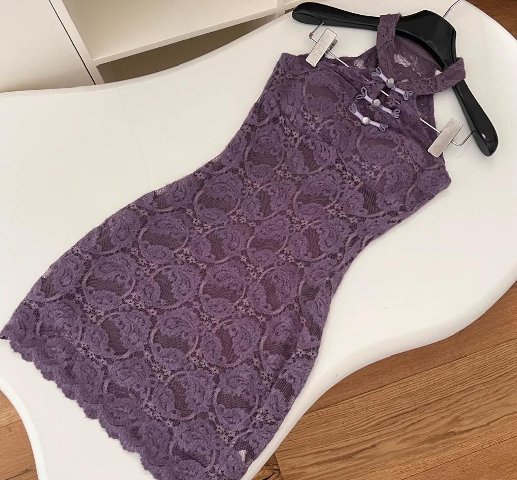Purple halter neck dress 2025 new style new Chinese style hip skirt lace skirt R2086