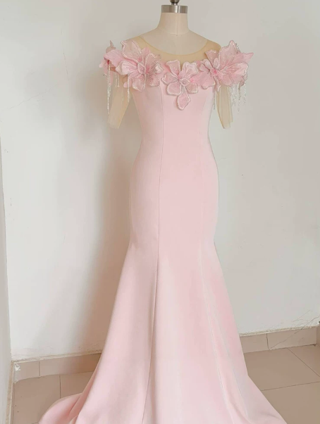 Sweet Blush Pink Prom Gown , Satin 3D Floral Maxi Evening Dress Birthday Dress RS1334
