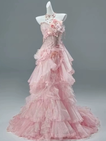 Dreamy Pink Prom Gown , Pretty Tulle Pleated Maxi Evening Dress Birthday Dress RS1343