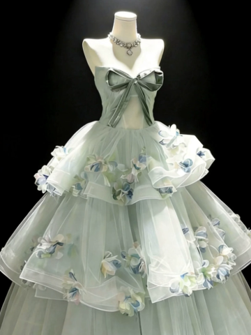 Dreamy Green Ruffled Prom Gown , Pretty Tulle 3D Floral Maxi Evening Dress RS1345