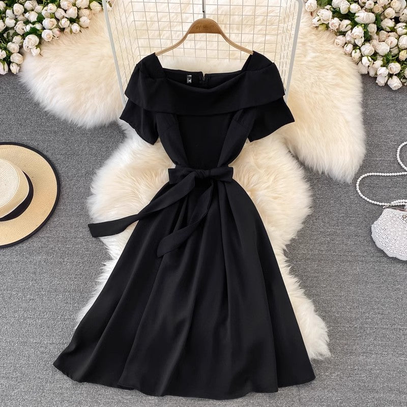Mid-Length Square Neck Strap A-Line Dress Short Sleeves S4248
