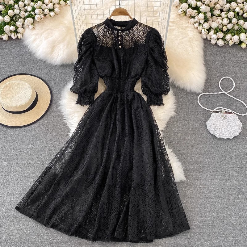 puff sleeve lace dress bohemian long skirt S4354