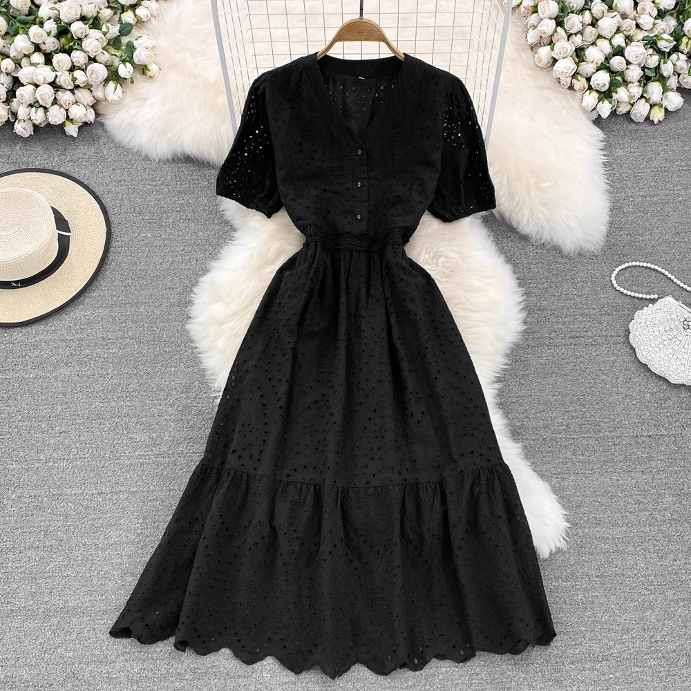 V-neck A-line dress elegant long skirt S4356