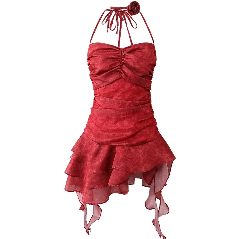 Red halter neck slim waist pleated irregular skirt short skirt homecoming dress R5266