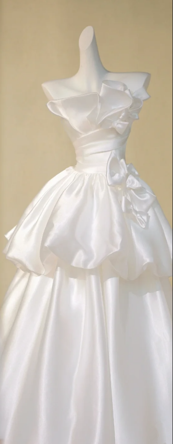 White satin tube top waist slim fit puffy skirt long dress bridal gown R5820