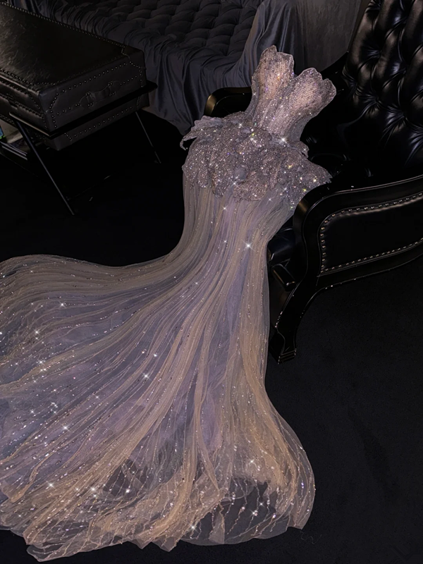 Light pink strapless silver sequined fitted long ball gown, bridal dress R8802