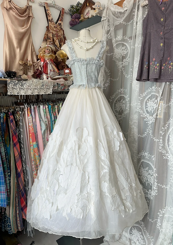 Light-colored sleeveless waist-length cake-cut puffy skirt long ball gown R6217