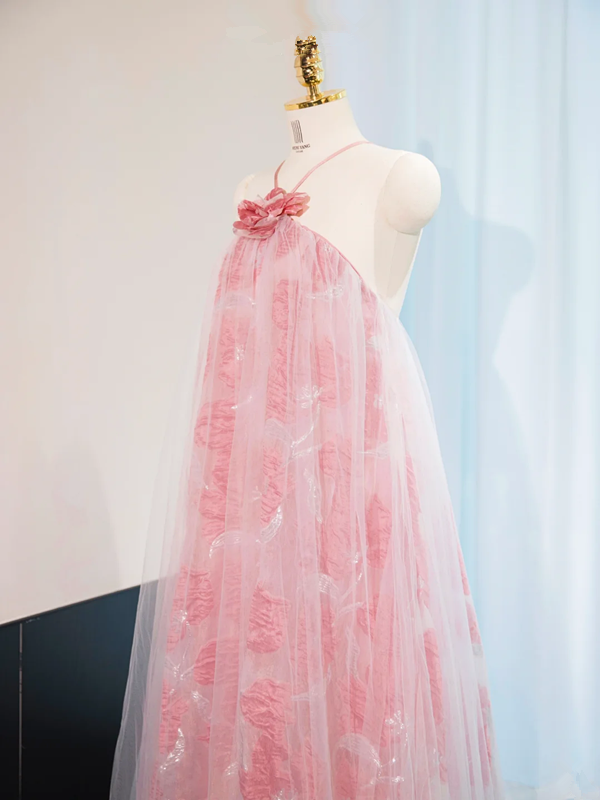 Pink halter-neck straight-cut long ball gown, bridal dress R9012