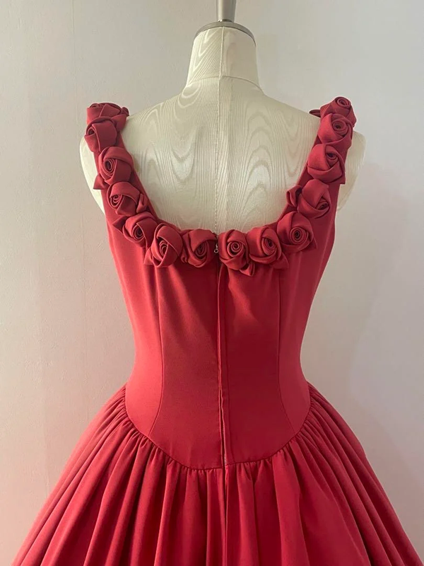 Red spaghetti-strap floor-length ball gown with a cinched waist and 3D rose details; bridal gown R7288