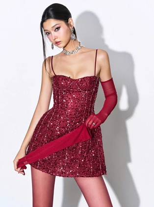 Red suspenders waist slim sexy sequin skirt homecoming dress R4556