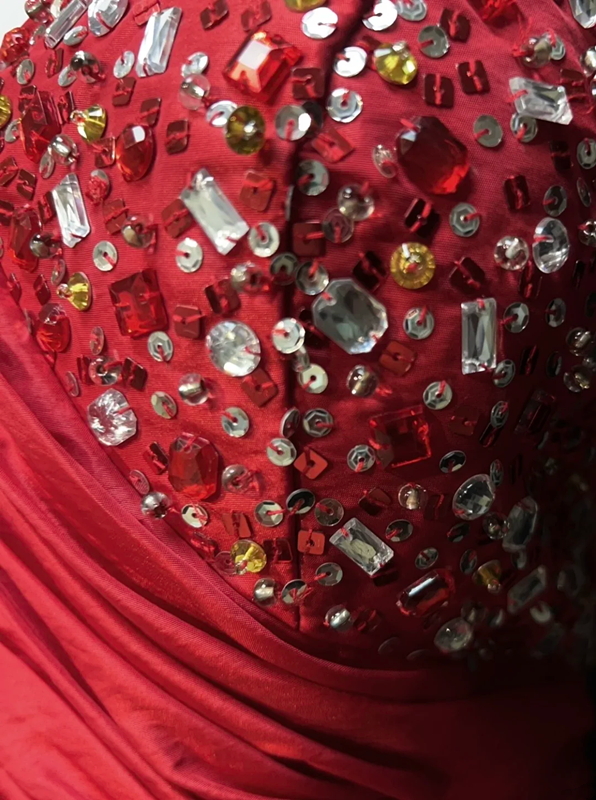 Red suspenders slim waist pleated hip skirt homecoming dress R5226