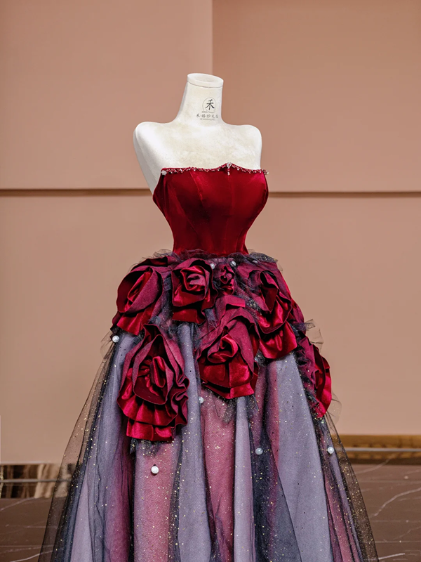 Red strapless, fitted, long ball gown with light pink and purple skirt; bridal gown R8377