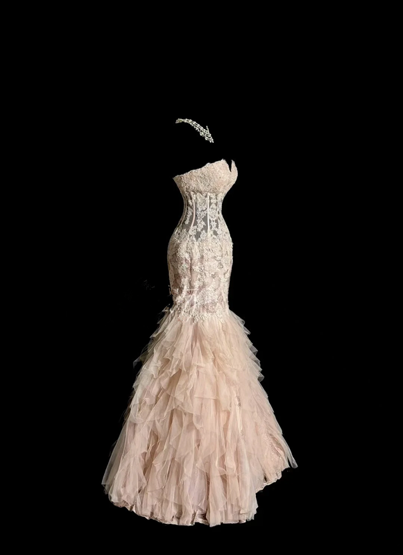 Light pink strapless lace bodycon long ball gown R6616