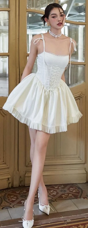 White suspenders waist slimming lively cute short skirt homecoming dress R4676